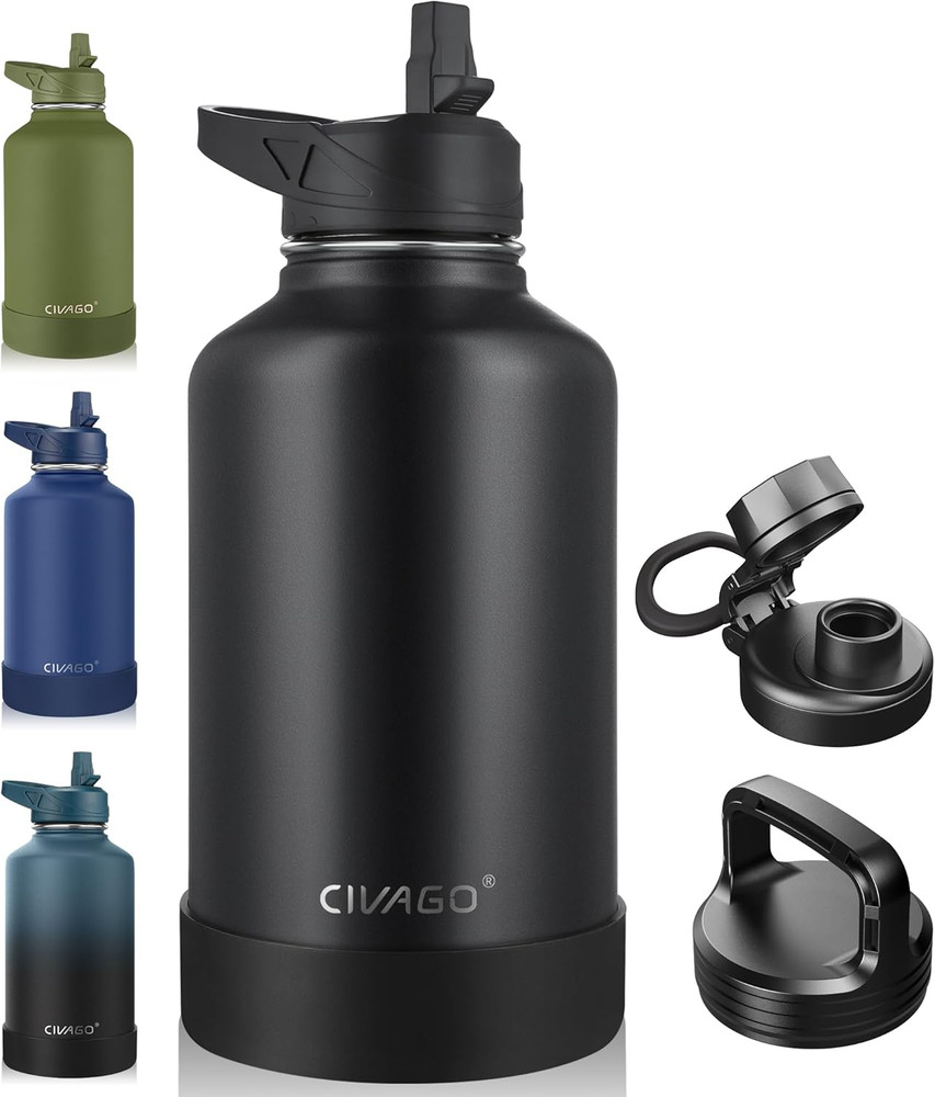 CIVAGO 64 Oz Insulated Water Bottle with Straw, Half Gallon Stainless Steel Spor