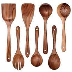 Wooden Non-Stick Kitchen Pan Toolset 7 Pieces Set, Natural Kitchen Utensils S…