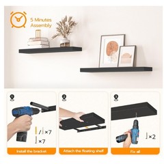 2-Pack Floating Wall Shelves Black 24x8x1.5″ Invisible Brackets, Modern Storage