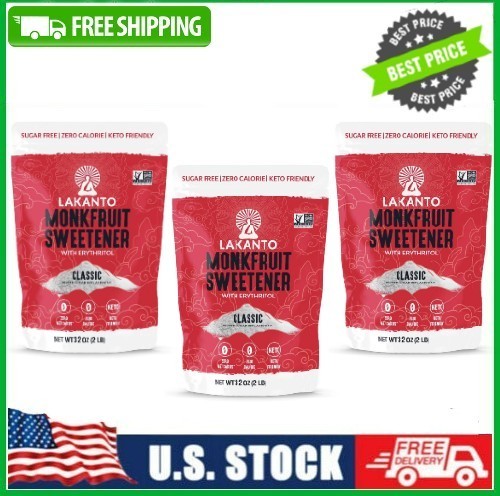 3 Bag Lakanto Classic Monk Fruit Sweetener – White Sugar Substitute, 2 lbs
