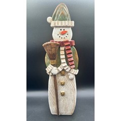 Rustic Folk Art Resin Snowman Figurine Broom Green Red 16″ Decor Christmas