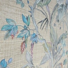 Floral plants Brown green blue metallic faux woven fabric textured wallpaper 3D
