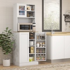 HOMCOM 66.5″ Tall Kitchen Pantry Storage Cabinet with Microwave Stand White