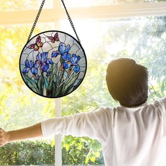 Blue Iris Butterfly Stained Glass Suncatcher Panel, 9.8 in Decorative Art