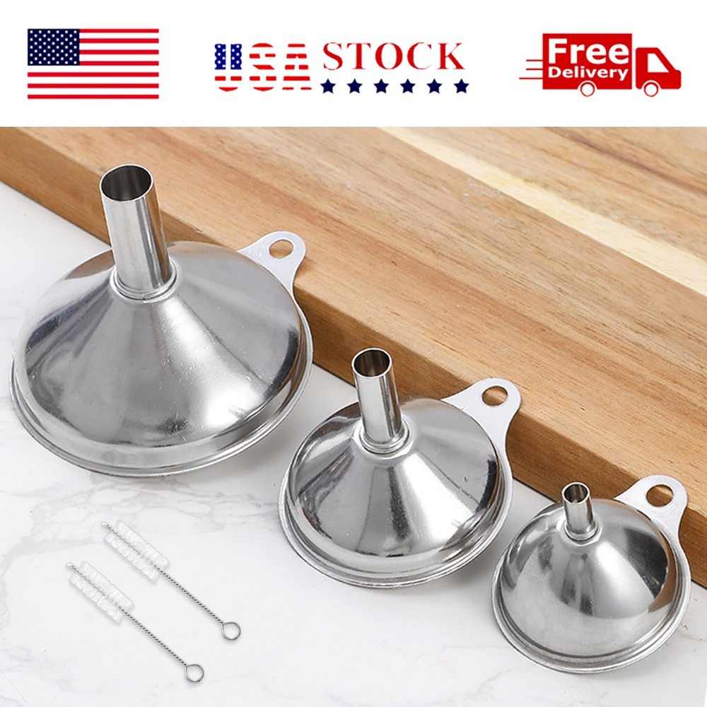3PCS Kitchen Funnel Set Stainless Steel 2 Cleaning Brushes Food Grade No Spill