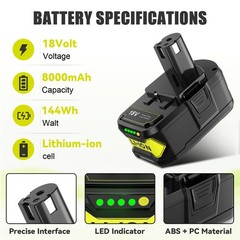 8Ah Replace Battery For RYOBI 18V Li-Lon Battery Charger Set P108 P102 P107