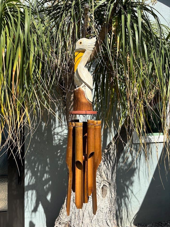 Handmade Carved Bird Pelican Wooden Bamboo Wind Chime Home Garden Outdoor Decor