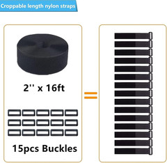 16Ft 2 Inch Wide Cable Ties, Heavy Duty Hook and Loop Straps with 15 Buckles, A