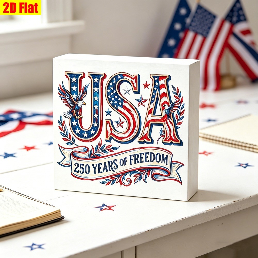 USA 250 Years Of Freedom Wooden Box Sign Patriotic Eagle Flag 4th Of July Decor
