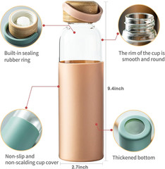21Oz Glass Water Bottle with Silicone Sleeve & Bamboo Lid, BPA Free Reusable Wat