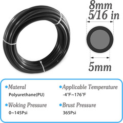 Pneumatic Tubing Black Polyurethane PU Air Hose Pipe Tube Kit 8Mm or 5/16 OD 5Mm