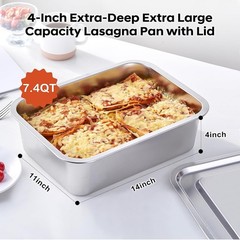 Lasagna Baking Pan with Lid 11×14 Inch Extra Deep 7.4QT Stainless Steel Oven …
