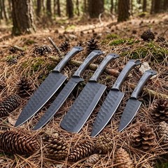 Carbon Steel Chef Knife Set 5Pc Shard Hammered Blade Grey Pakkawood Leather Roll