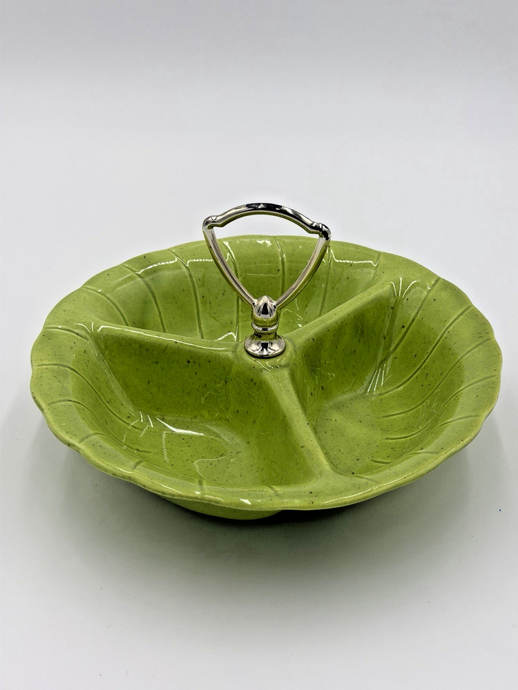 VINTAGE 60’S LANE & CO. CALIFORNIA CHARTREUSE GREEN DIVIDED CANDY NUT DISH BOWL
