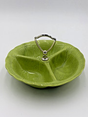 VINTAGE 60’S LANE & CO. CALIFORNIA CHARTREUSE GREEN DIVIDED CANDY NUT DISH BOWL