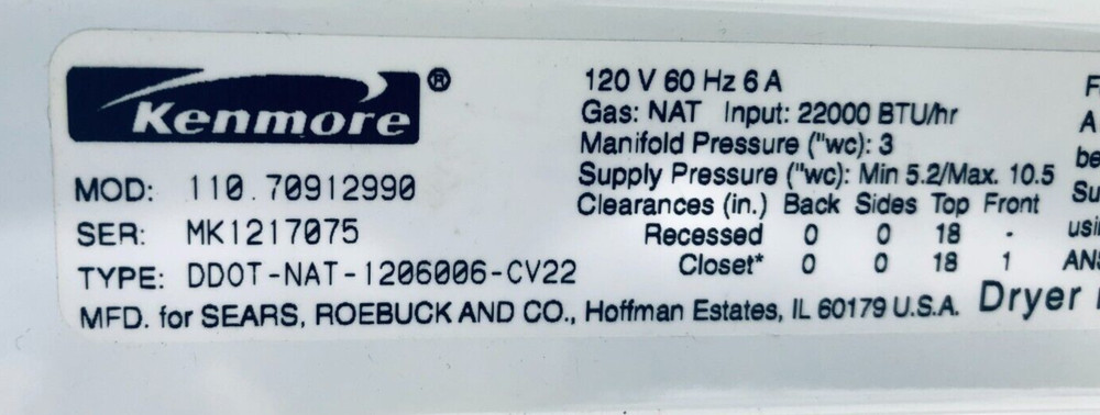 Kenmore Gas Dryer Model 110.70912990 not available anymore out of stock