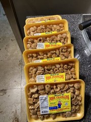 Mac’s pork cracklins/chicharrones caseros fried out pork fat 8 oz X 6 Trays= 3Lb