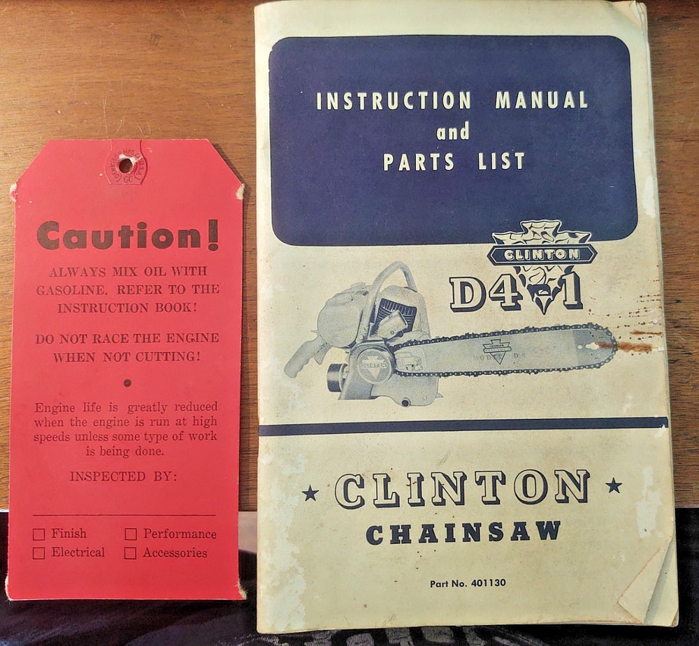 RARE Original Vintage C. 1950 Clinton chainsaw D41 Owners manual & hang tag