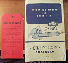 RARE Original Vintage C. 1950 Clinton chainsaw D41 Owners manual & hang tag