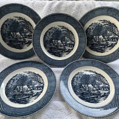 5 Currier and Ives Old Grist Mill Blue Dinner Plate 10″ Royal China USA. 11