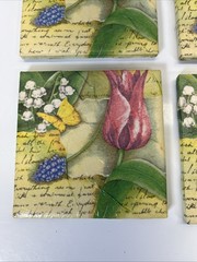 Set of 4 Ceramic Solid Coasters Flowers and Butterfly Fun Suare 4.25in