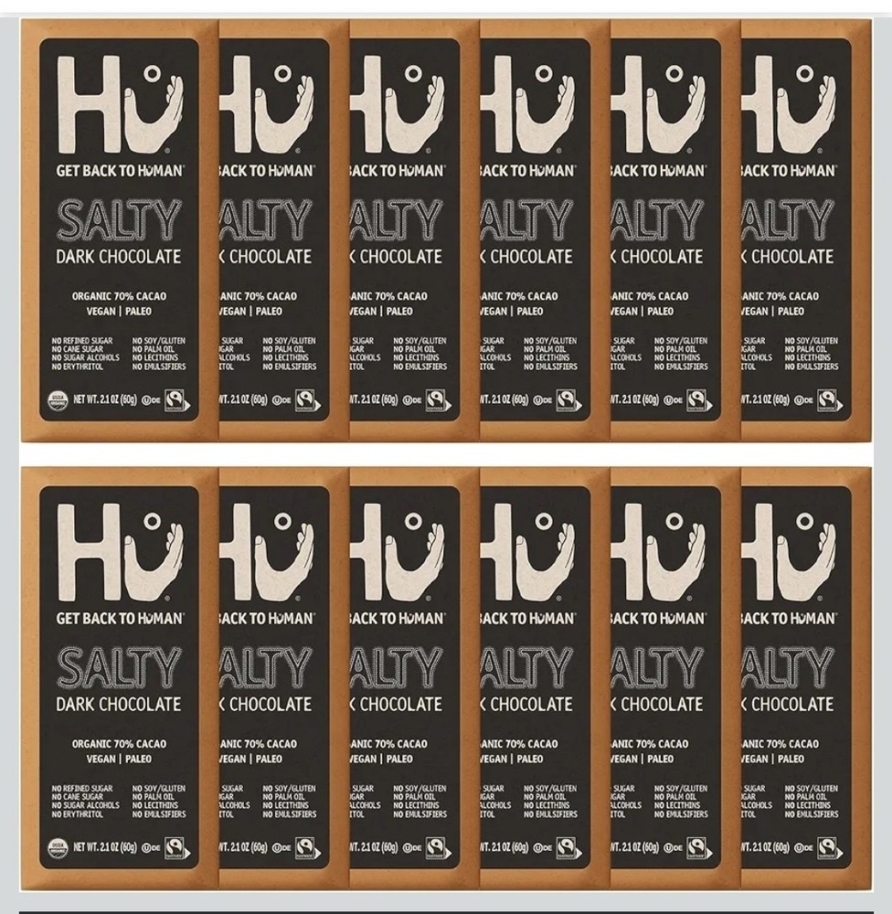 Hu Organic Salty Dark Chocolate Box 12 Bars Paleo Vegan Fair Trade Gluten Free