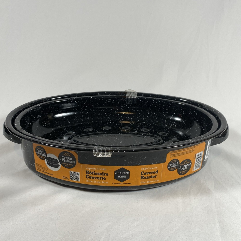 Roasting Pan Granite Ware 15-Inch Covered Oval Roaster – Speckled Black