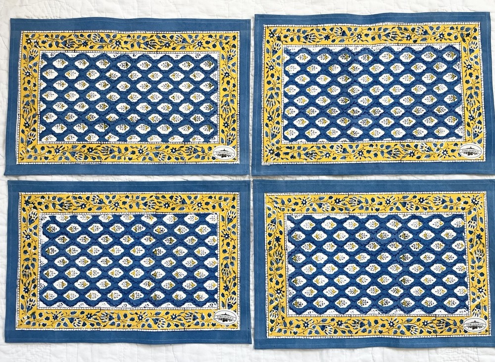 x4 NWT Pomegranate Provence Placemats Blue Yellow Block Print Cotton India 13×19