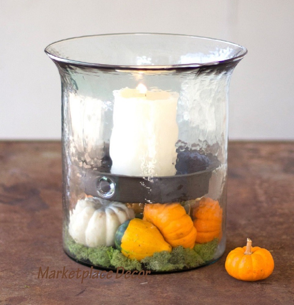 Giant Glass Hurricane Candle Holder Hand Blown Metal Insert Candleholder 12.5 In