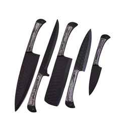 Carbon Steel Chef Knife Set 5Pc Shard Hammered Blade Grey Pakkawood Leather Roll