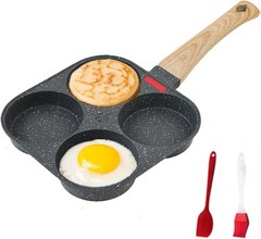 4 Holes Egg Fry Pan Pancake Maker Non-stick Egg Hamburger Pan W/ Wooden Handle