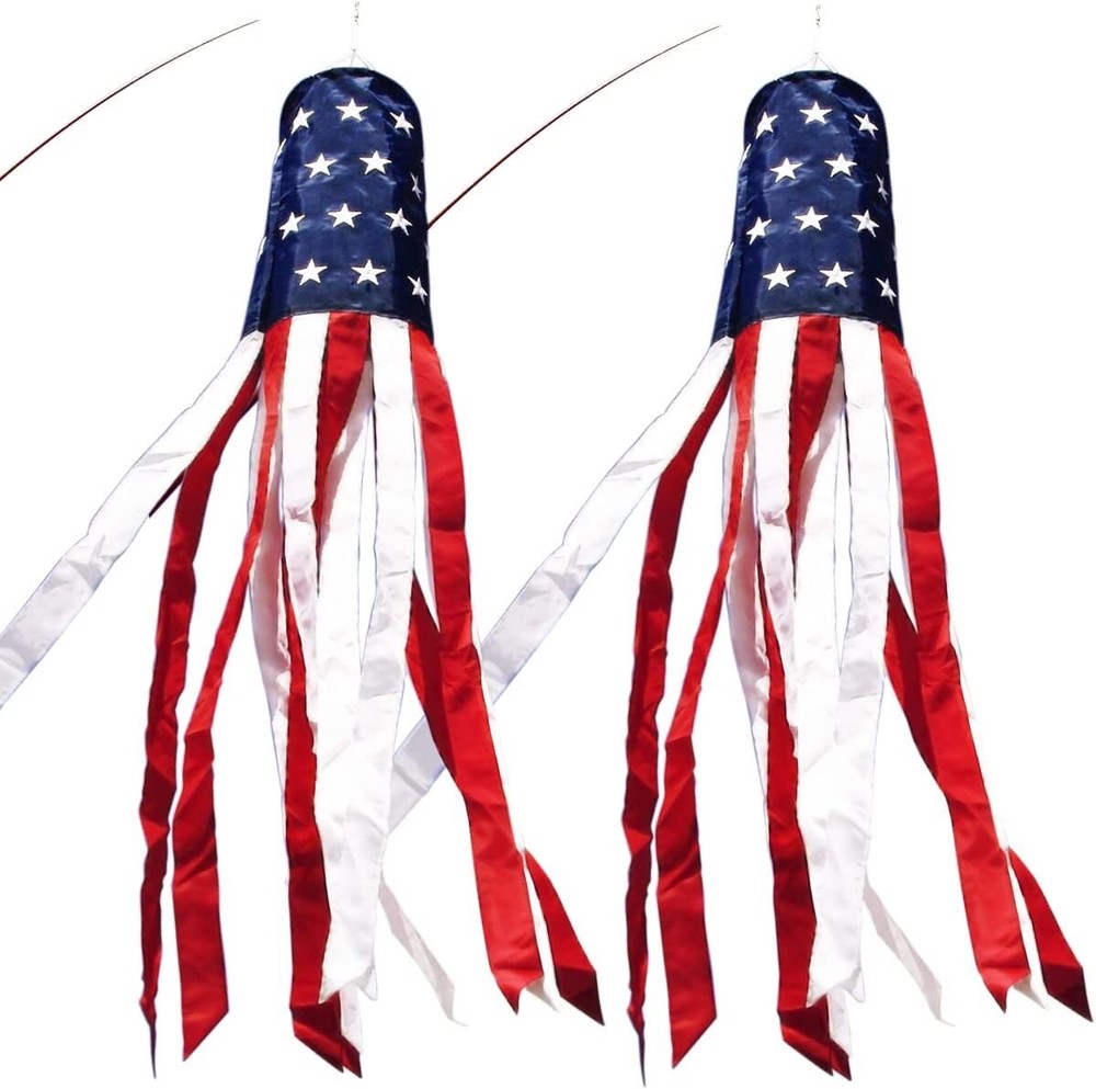 2 Pcs 40 Inch American US Flag Windsock USA Patriotic Decorations Embroidered
