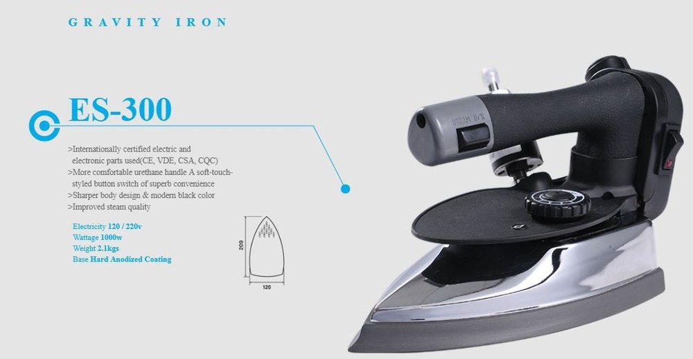 Gravity-Feed Steam Iron ~ Silver Star ~Industrial ES-300 Brand w/ Teflon shoe