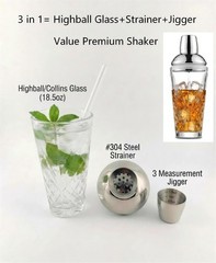18.5oz Crystal Cut Glass Cocktail Shaker with 0.5/1/1.5oz Lid Jigger #304 Steel
