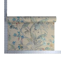 Floral plants Brown green blue metallic faux woven fabric textured wallpaper 3D