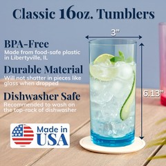 Reusable Drinking Glasses 16oz BPA-Free Plastic Tumblers (Set of 6)