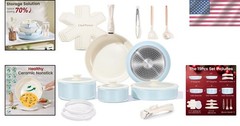 Light Blue Ceramic Nonstick Cookware Set 19pcs – Oven Safe