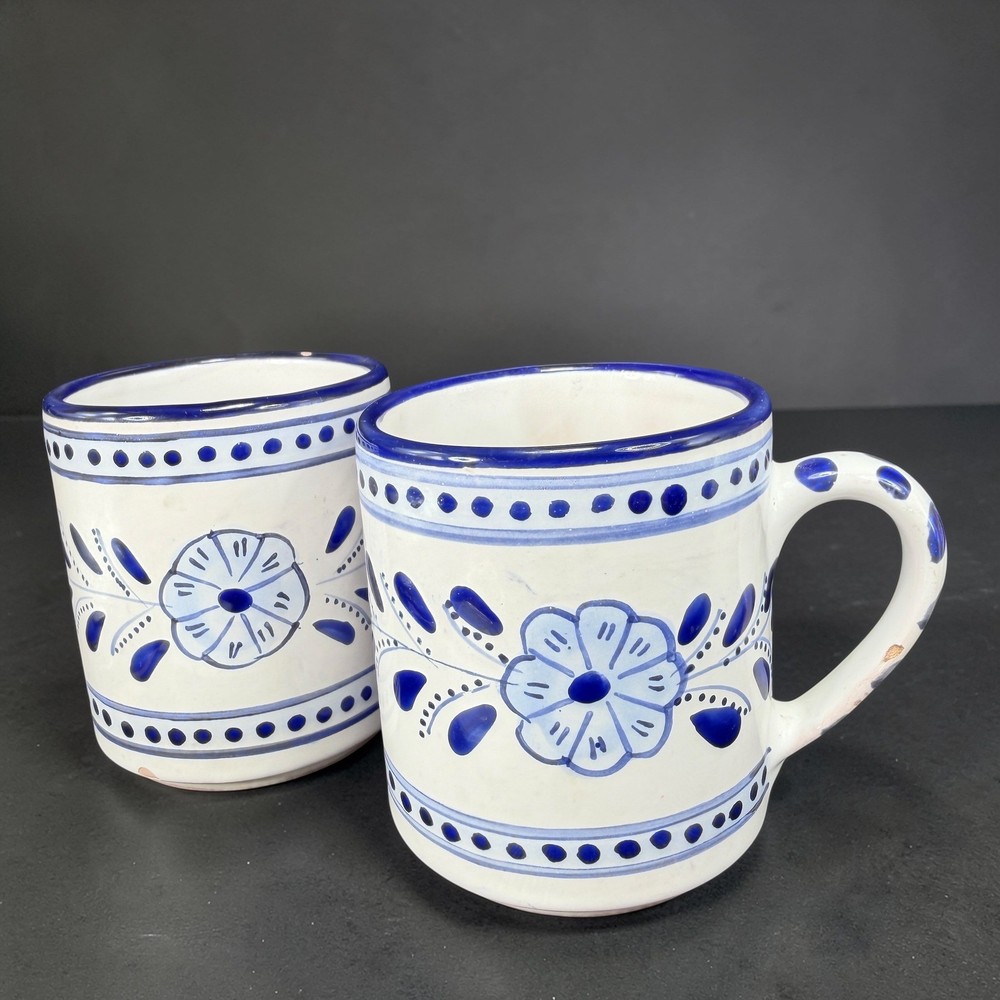 Le Souk Ceramique Tunisia Blue White Hand Painted Floral Coffee Mugs Set 2 READ