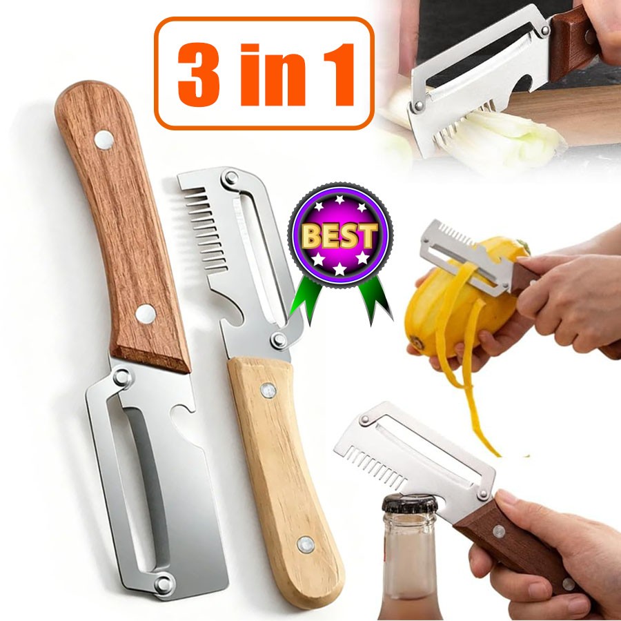 2 PCS 3-in-1 Multifunctional Vegetable Peeler with Wooden Handle,Julienne Slicer