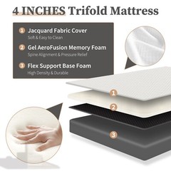 4″ Tri-fold Memory Foam Mattress, Foldable Portable Floor Bed,Washable Cover