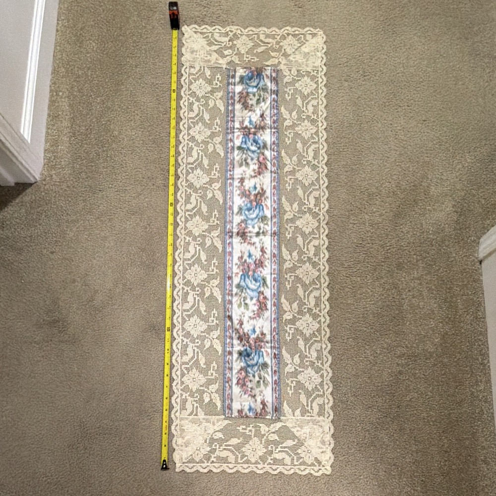 Beige Floral Lace Table Runner Rectangular, Blue Rose Center Panel 16-20 in