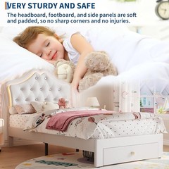 Twin Size Upholstered Bed Frame w/ Storage Drawer & LED Headboard for Kids/Girls