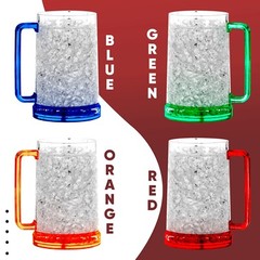 Double Wall Frozen Beer Mugs for Freezer with Handles 16 Oz, Colored Set of 4