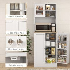HOMCOM 66.5″ Tall Kitchen Pantry Storage Cabinet with Microwave Stand White