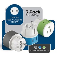 OREI Germany, France Travel Plug Adapter – 2 USA Inputs – 3 Pack- Type E/F