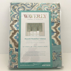 Waverly Moonlit Medallion Cotton Valance Boho Blue Silver Teal Tan 52″ x 18″ NEW
