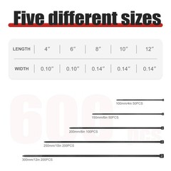 APIELE Cable Zip Ties 600 Pack BLACK Assorted Sizes 4 6 8 10 12 inch…