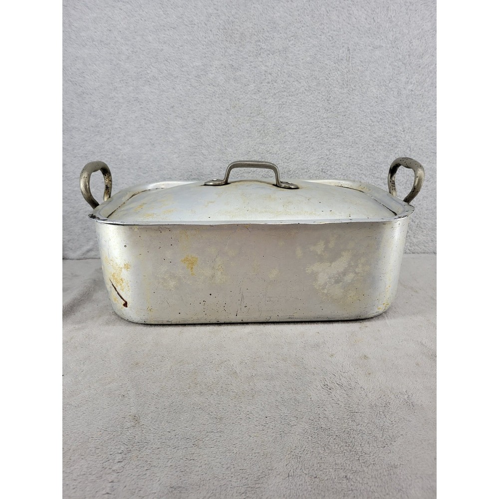 Vintage Aluminum Rectangular Roasting Pan with Lid Double Handle Industrial