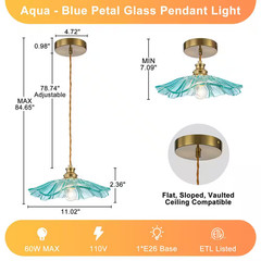 11.02 In. 1-Light Modern Blue Hanging Pendant Light with Flower Shaped Glass Sha