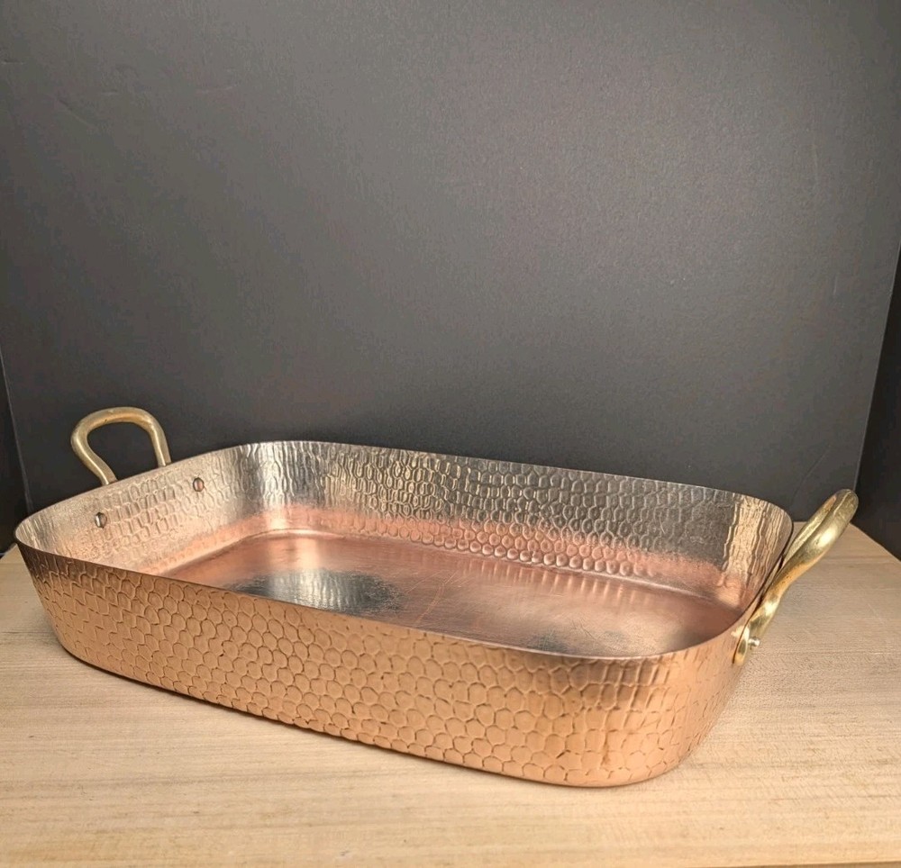 Vintage Copper Tin Brass Handles Lasagna Casserole Roasting Pan 10.5×15 Korea